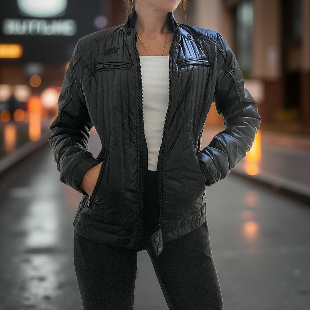 The North Face Black Fitted Quilted Puffer Moto Style Jacket Size S Excellent! - Picture 3 of 16